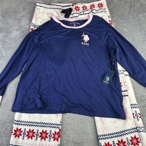 US Polo Assn Pajama Set Womens 3X Navy Pink Long Sleeve Fleece Pants Fair Isle